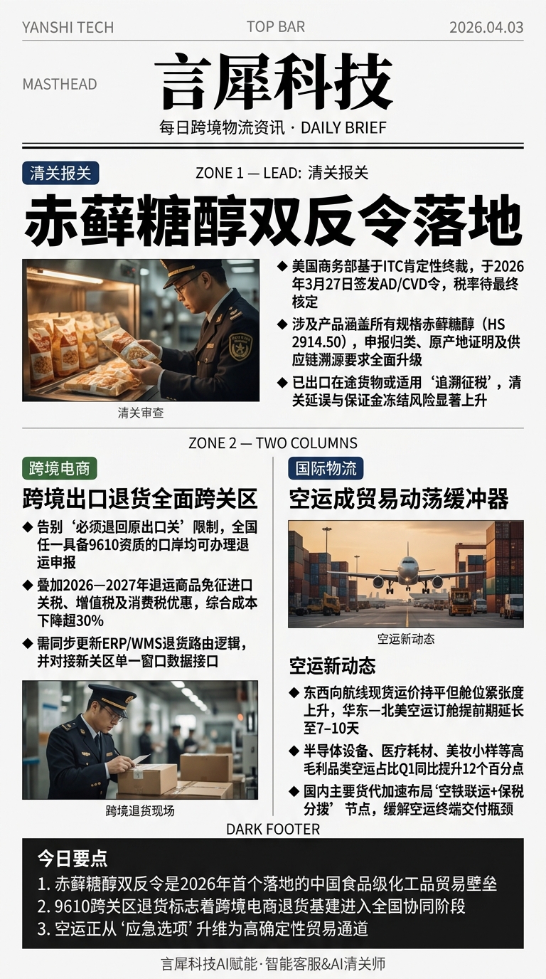 今日跨境物流资讯图 2026年04月03日