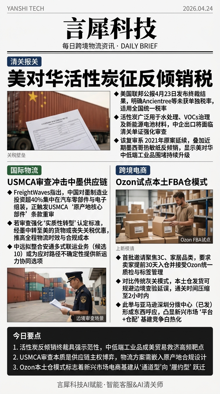 今日跨境物流资讯图 2026年04月24日