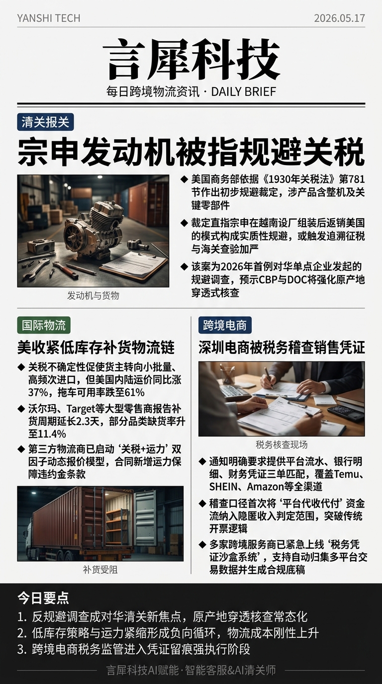 今日跨境物流资讯图 2026年05月17日