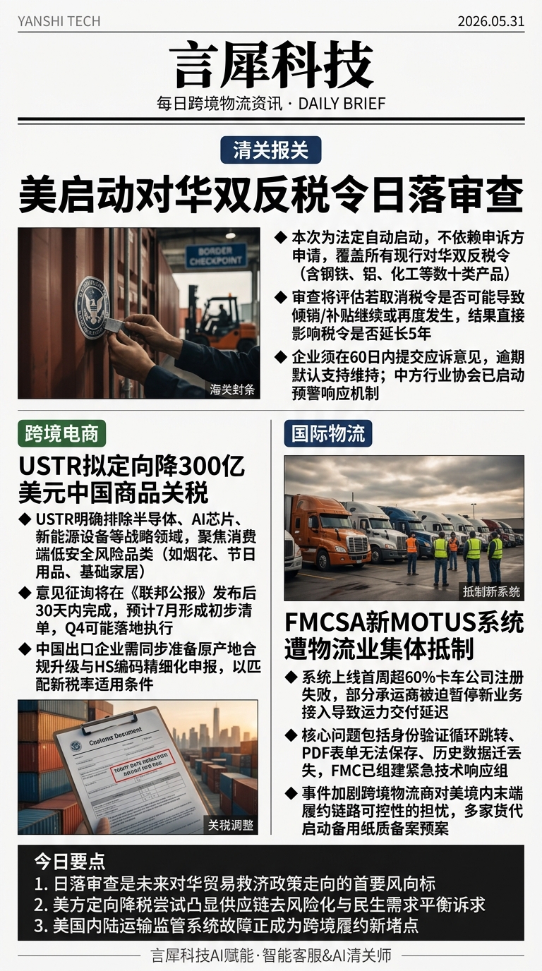 今日跨境物流资讯图 2026年05月31日