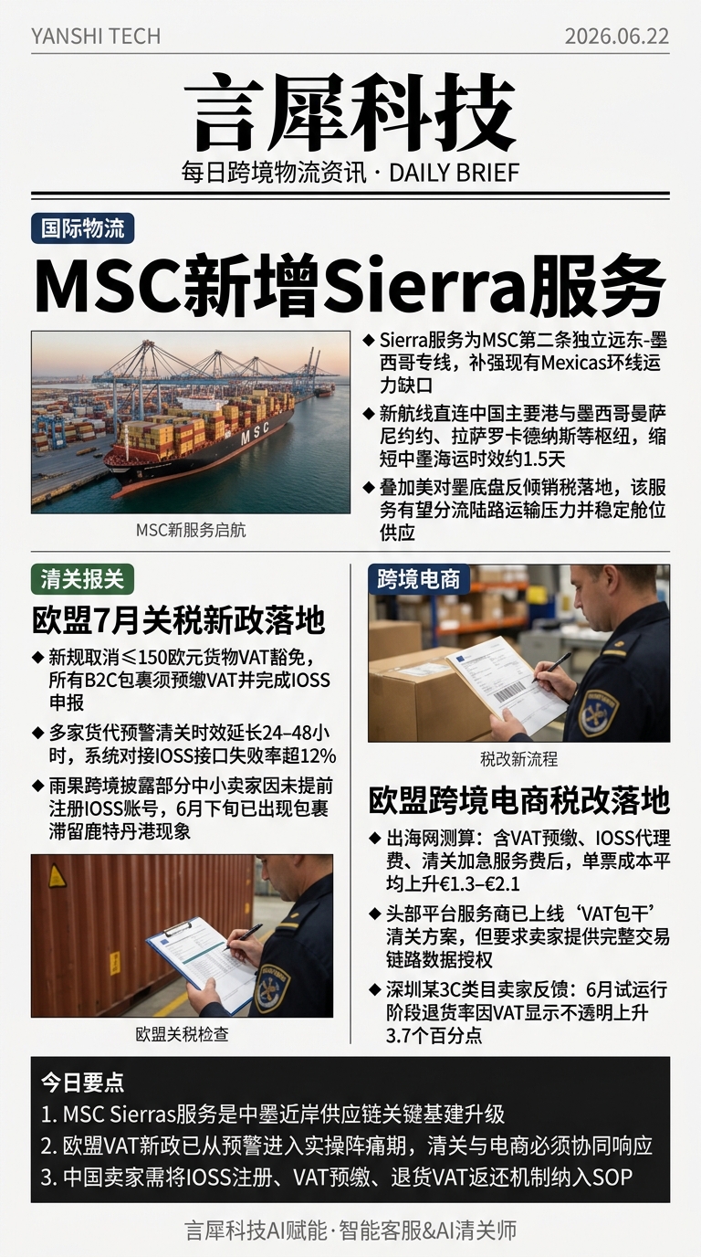 今日跨境物流资讯图 2026年06月22日