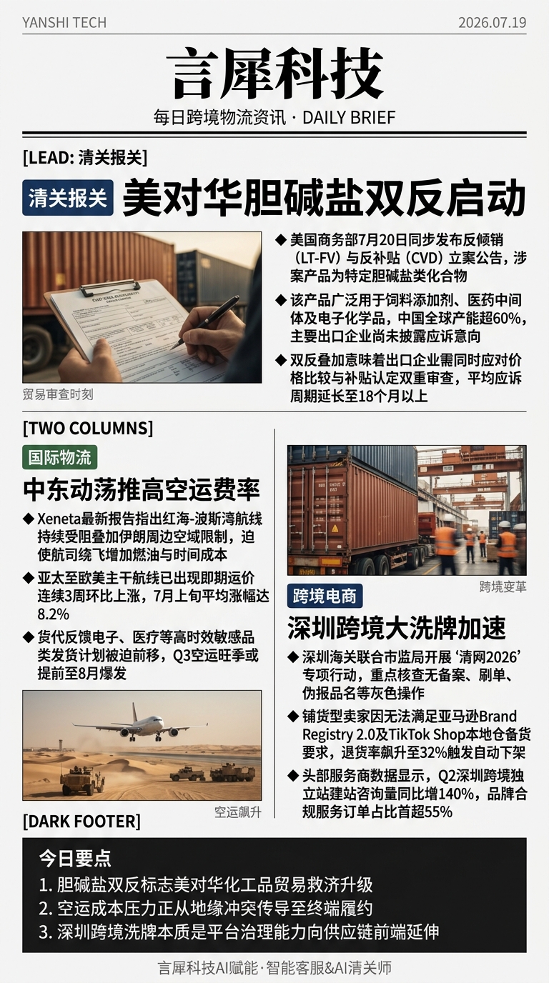 今日跨境物流资讯图 2026年07月19日
