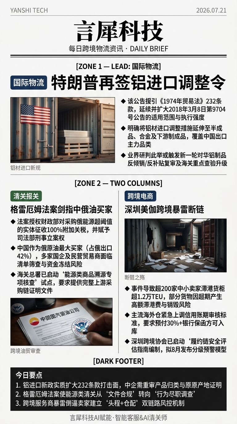 今日跨境物流资讯图 2026年07月21日