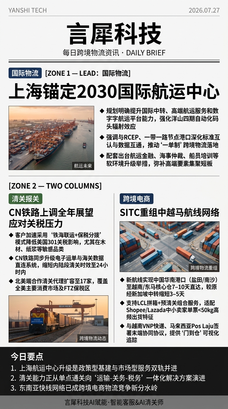 今日跨境物流资讯图 2026年07月27日