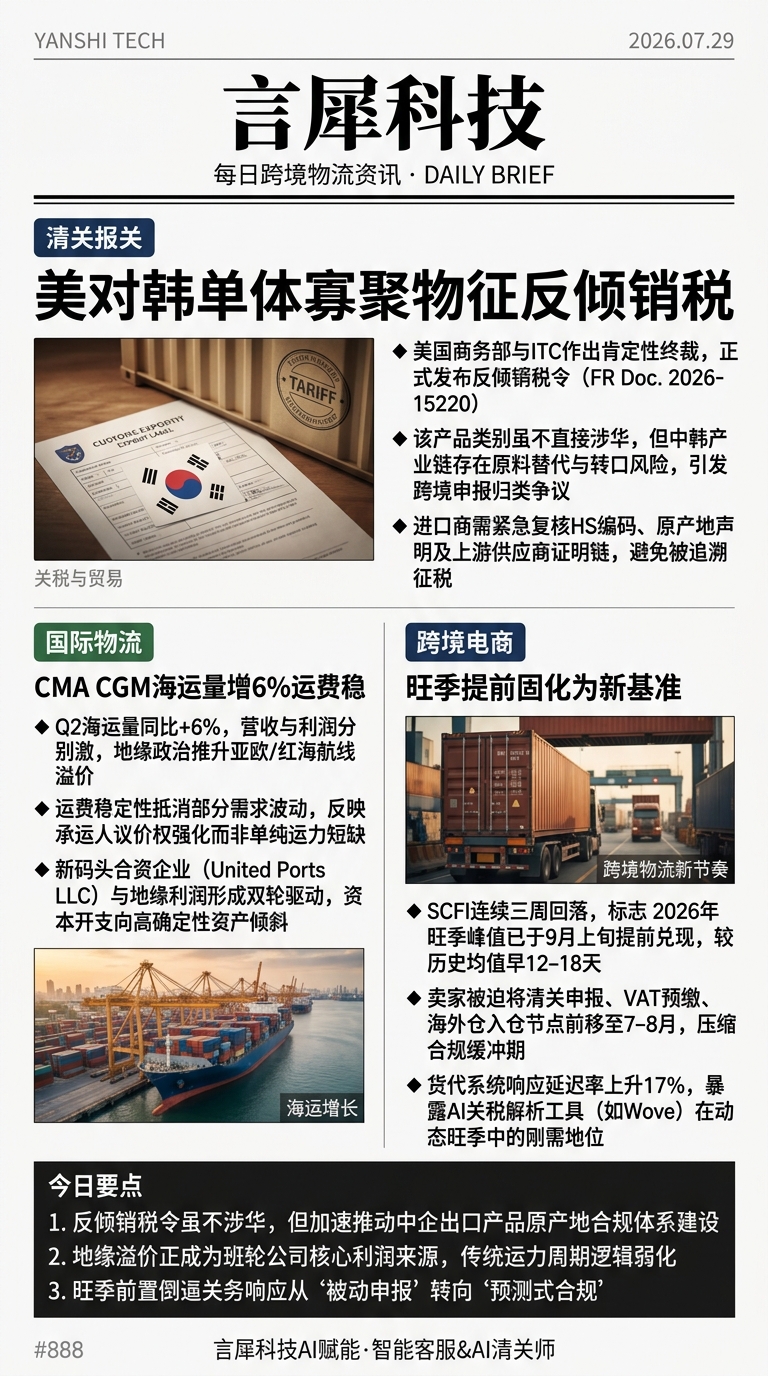 今日跨境物流资讯图 2026年07月29日