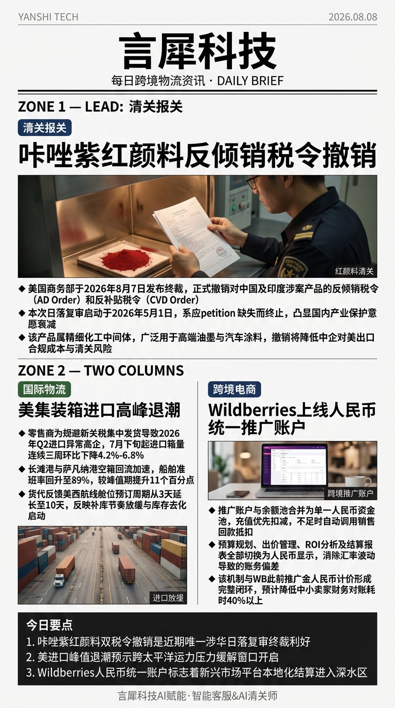 今日跨境物流资讯图 2026年08月08日