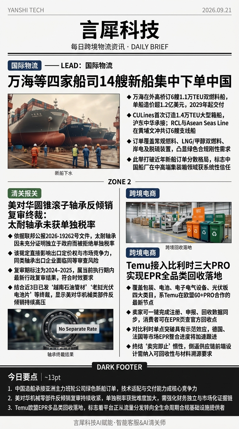 今日跨境物流资讯图 2026年09月21日